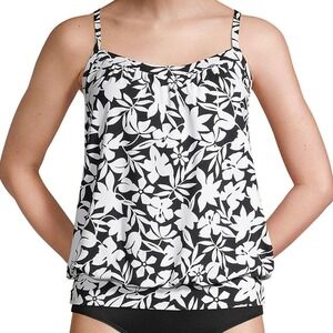 Lands' End Blouson Tankini Top in Black‎ Havana Floral Size 4 NWT